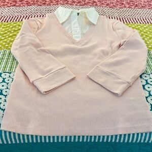 Lauren Ralph Lauren pink ribbed cotton 3/4 sleeve top with white shirt collar.